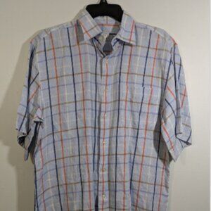Peter Millar 100% Linen Blue Plaid Short Sleeve Button Up Shirt Mens M